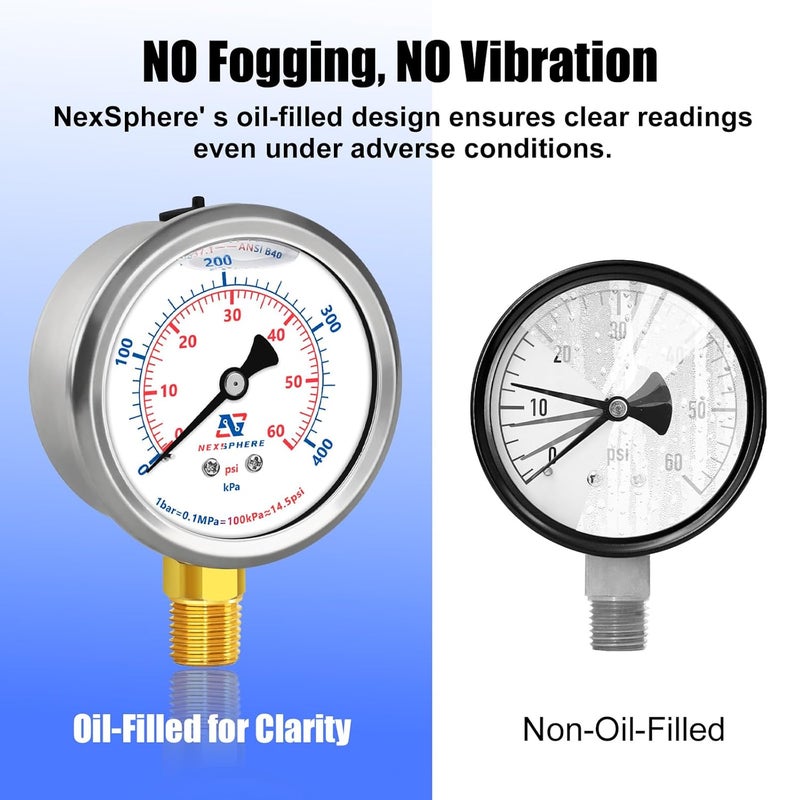 NexSphere 60 PSI Pool Pressure Gauge, 2.5" Dial, 1/4" NPT Lower Mount, Stainless Steel Case, Glycerin-Filled Manometer for Home Water, Air, Oil, Gas Pressure Testing - Image 4
